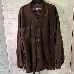 Claiborne, soft, leather shirt jacket, brown, button-down, grunge fall gorpcore